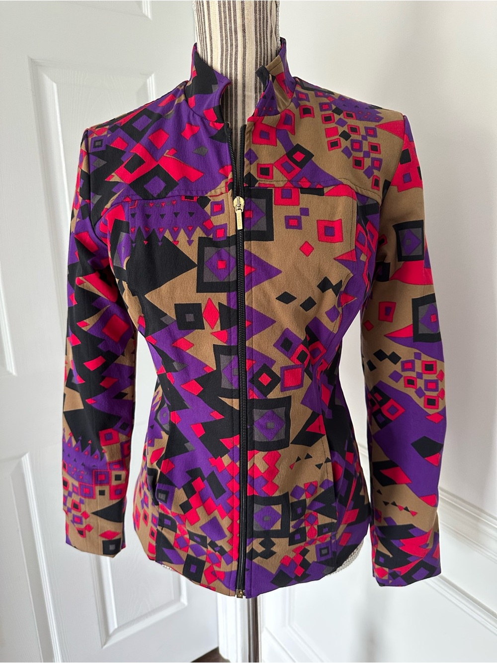 Vintage Versace Classic V2 Geometric Print Zip Jacket Made In Italy Sz 42 (US 6)